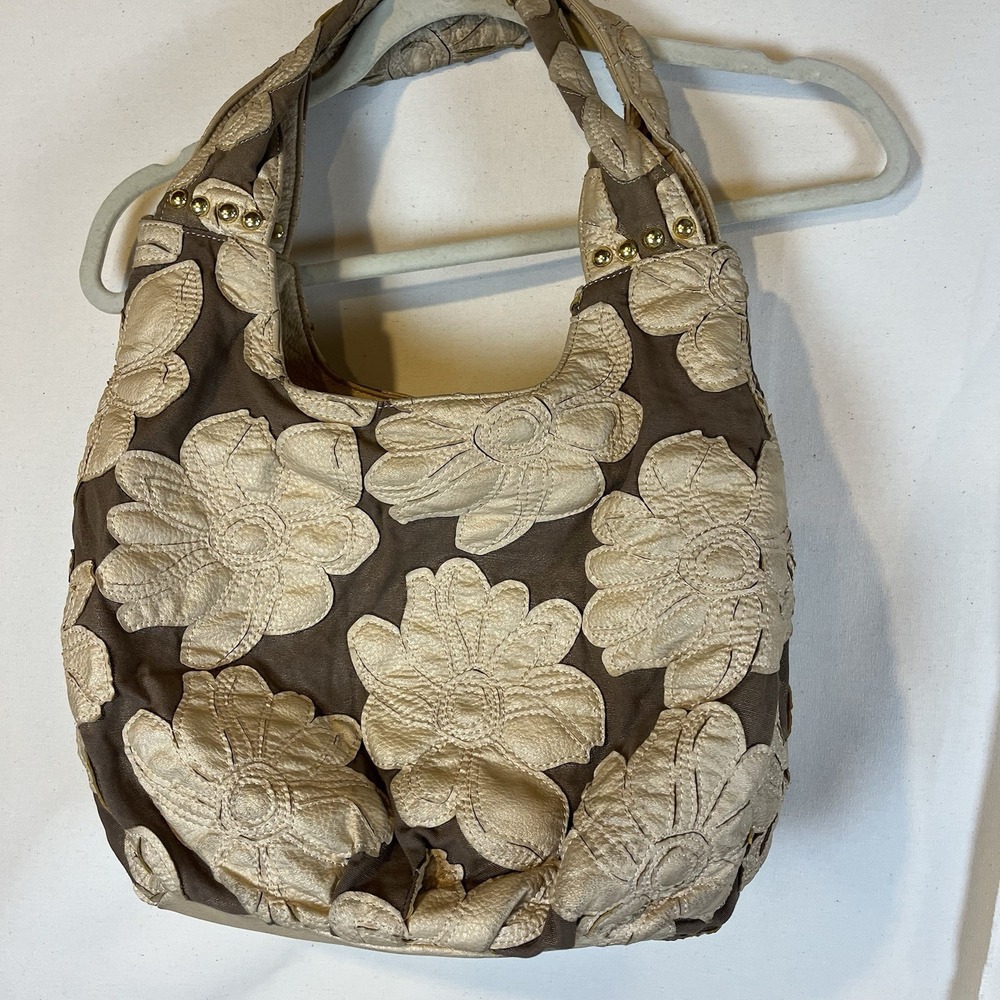 Big Buddha Hobo Bag Floral Appliqués Tan Cream Boho Grannycore Y2K‎